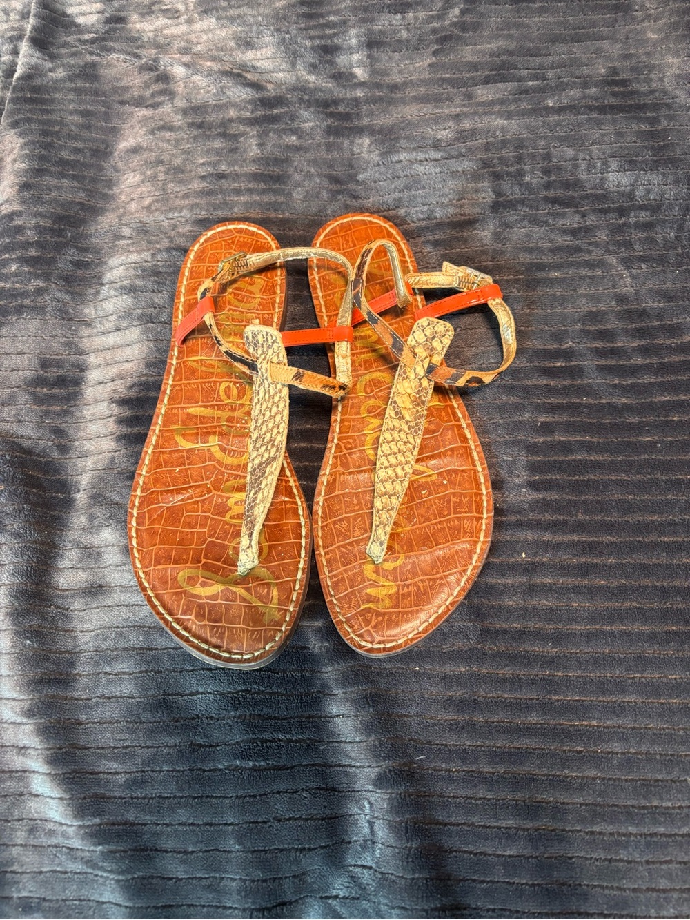 Sam Edelman Brown Croc-Embossed Sandals with Gold and Red Straps